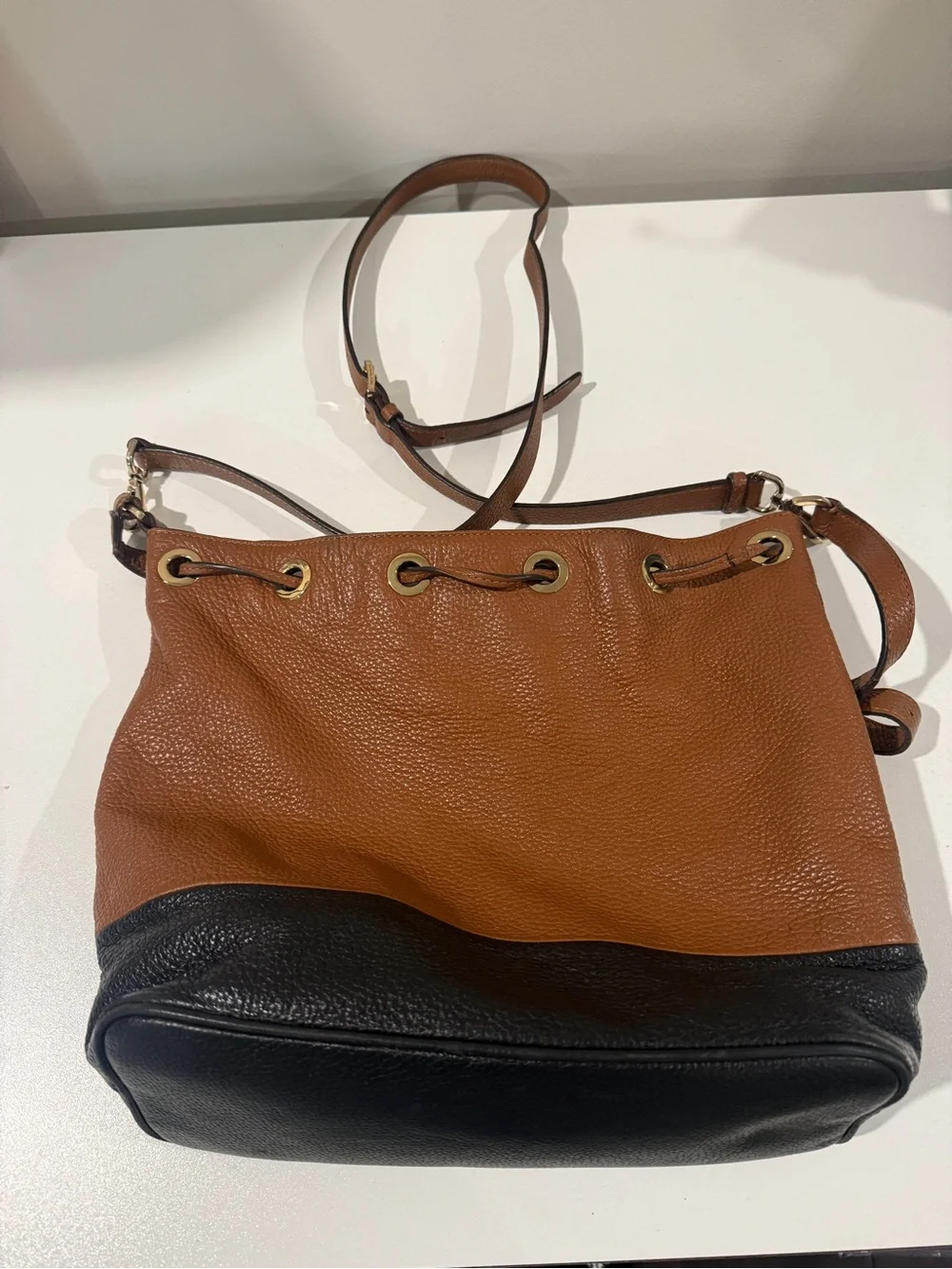 Michael Kors Brown & Black Pebbled Leather Drawstring Bucket Crossbody Bag